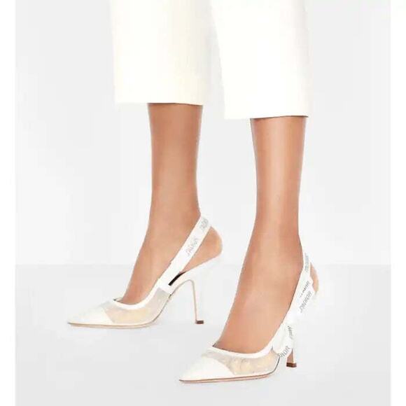 Dior Jadior White Plumetis Polka Crystal Ribbon Slingback Sandal Heel Pump 42 - Picture 5 of 12